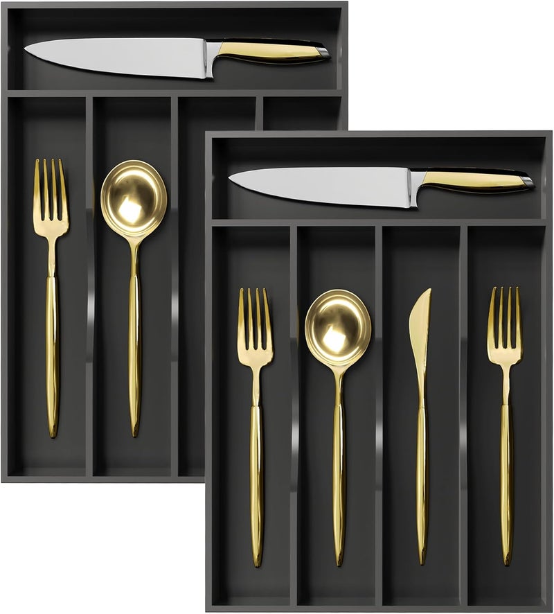 Greenual 2 Pack Black Silverware Organizer 10 In Utensil Organizer Silverware Tray for Drawer Cutlery Flatware Organizer for Kitchen Bamboo Wood - Image 1